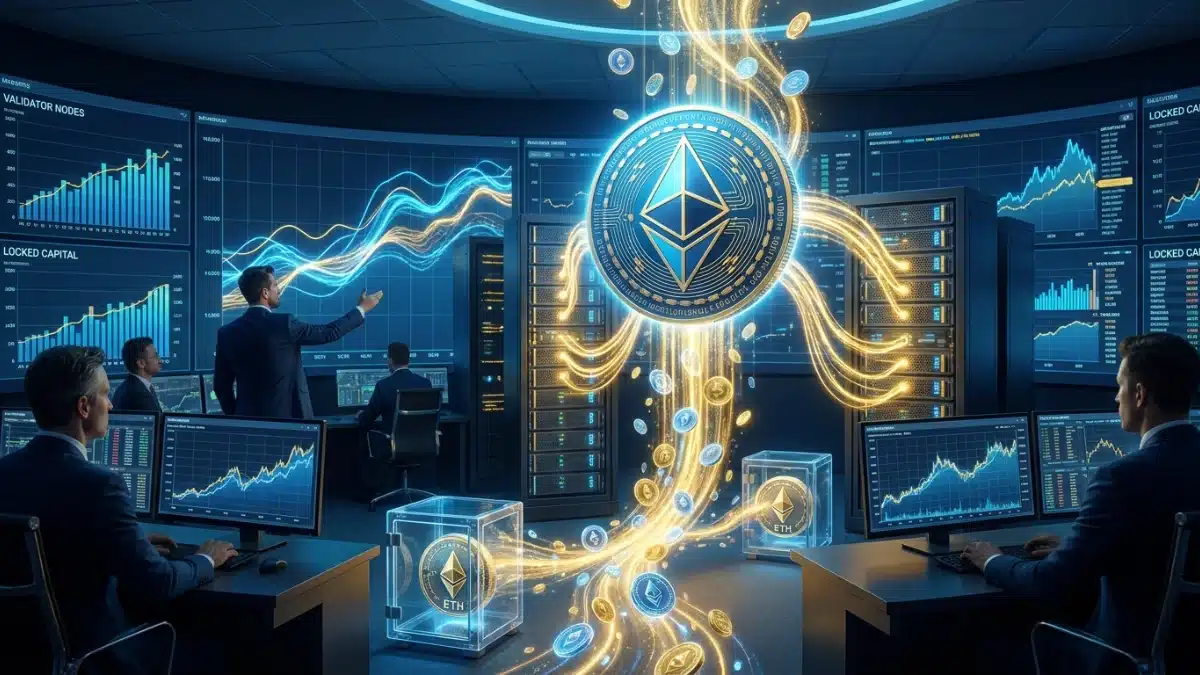 Illustration réaliste du staking Ethereum avec génération de rendement et accumulation massive d’ETH par une entreprise