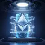 Photographie cinématique d'un monolithe Ethereum dans un coffre-fort futuriste, symbolisant le staking massif de la fondation.