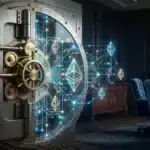Coffre-fort numérique avec inscription Institutional Reserve et flux de données symbolisant le staking Ethereum