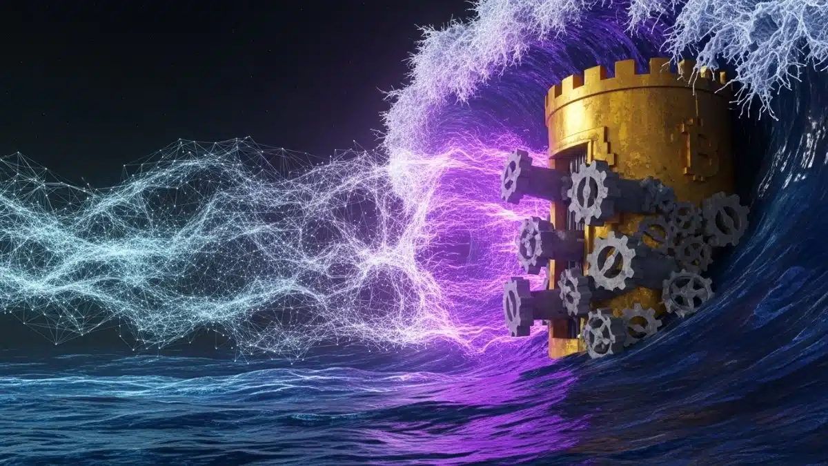 Illustration abstraite contrastée : un réseau agile tissant un bouclier mathématique lumineux contre une vague d'énergie quantique, face à une forteresse dorée massive figée par des engrenages géants symbolisant le lent consensus du réseau.