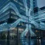 Illustration technologique de la blockchain Sui et des flux financiers institutionnels devant un bâtiment moderne