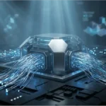 Représentation abstraite des flux de liquidité et de stablecoins sur le réseau blockchain SUI.