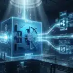 Photographie cinématique d'un coffre bancaire SWIFT connecté aux réseaux Ripple et Stellar, symbolisant l'évolution des registres distribués.