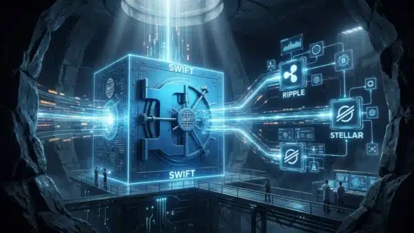 Photographie cinématique d'un coffre bancaire SWIFT connecté aux réseaux Ripple et Stellar, symbolisant l'évolution des registres distribués.