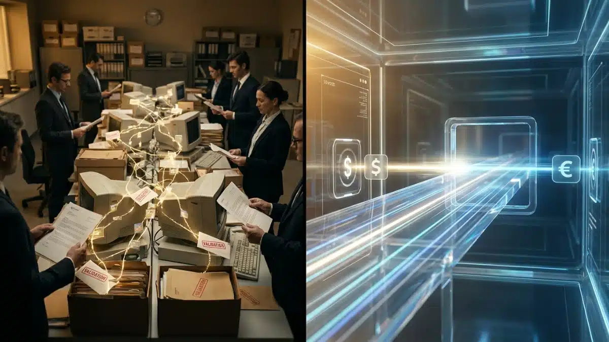 Illustration réaliste comparant le système SWIFT lent et le règlement instantané avec XRP dans les paiements internationaux