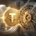 Pièce Tether USDT dorée sortant d'un coffre-fort de banque moderne, symbolisant l'investissement RWA.