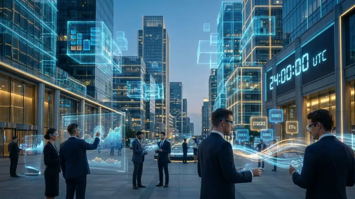 Représentation futuriste de la tokenisation d'actifs financiers et de la blockchain dans un quartier d'affaires moderne