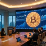 Salle de conférence moderne avec écran géant affichant le logo Bitcoin et des graphiques financiers pour la trésorerie BTC de Strive