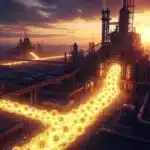 Photographie cinématique d'une usine futuriste libérant une rivière de pièces dorées, représentant la vente Bitcoin par un mineur industriel.