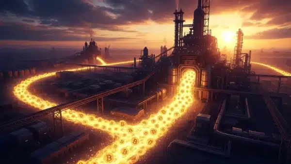 Photographie cinématique d'une usine futuriste libérant une rivière de pièces dorées, représentant la vente Bitcoin par un mineur industriel.
