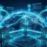 Réseau numérique reliant des banques mondiales via la technologie blockchain et des stablecoins