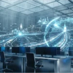 Illustration d'un bureau de trading institutionnel avec un globe numérique et des flux de données symbolisant le réseau XRP de Ripple.