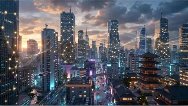 Ville japonaise futuriste avec réseaux de données illustrant l'adoption du XRP par Rakuten