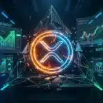 Logo XRP dans un triangle symétrique avec graphiques boursiers et serveurs de données
