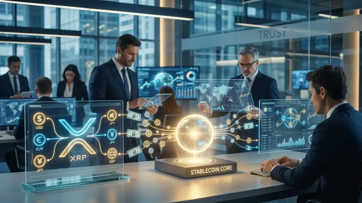 Illustration réaliste du XRP comme bridge asset avec stablecoin RLUSD facilitant les paiements transfrontaliers