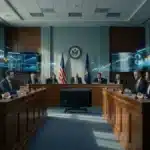 Réunion officielle aux États-Unis avec graphiques financiers numériques symbolisant l'impact du Clarity Act sur le XRP