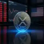 Une pièce XRP stable au premier plan, avec un arrière-plan flou affichant des écrans boursiers rouges et des reflets de drapeaux internationaux.