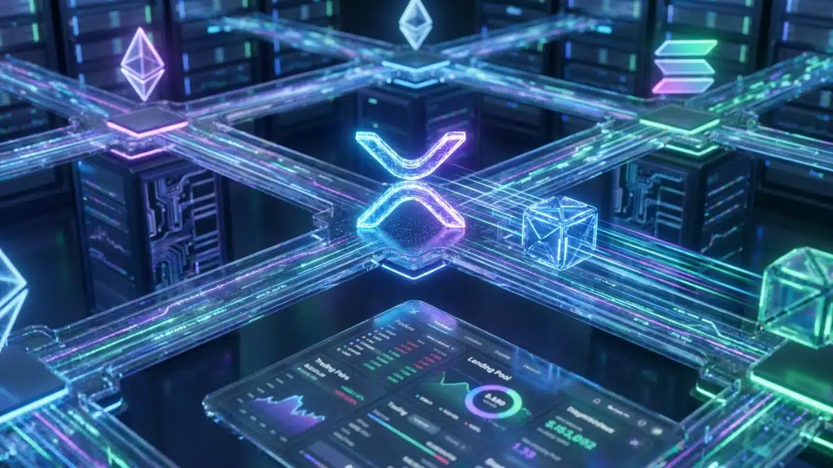 Représentation numérique de XRP circulant via des ponts de lumière vers Ethereum et Solana dans un environnement DeFi futuriste.