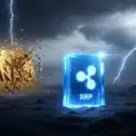 Photographie cinématique d'un cristal lumineux XRP résistant à une tempête financière, tandis qu'une structure dorée BNB s'effrite en arrière-plan.