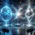 Photographie cinématique d'un duel entre une pièce XRP et un diamant Ethereum, symbolisant la compétition boursière de la crypto.