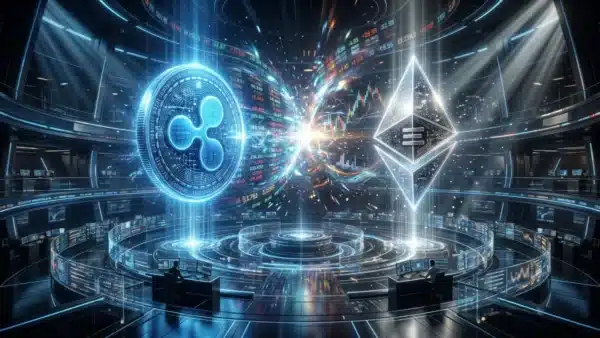 Photographie cinématique d'un duel entre une pièce XRP et un diamant Ethereum, symbolisant la compétition boursière de la crypto.