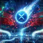 Photographie cinématique d'une pièce XRP brisant des barrières de verre vers le haut, symbolisant l'explosion de la crypto et du réseau Ripple.