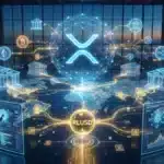 Illustration réaliste du XRP Ledger intégrant stablecoin RLUSD, liquidité et finance institutionnelle sur blockchain