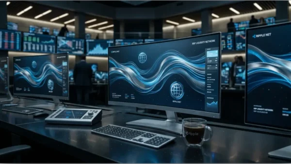 Écrans de trading affichant des données financières liées à la liquidité institutionnelle des cryptomonnaies.