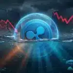 Photographie cinématique d'une pièce XRP sombrant dans un océan numérique, symbolisant les lourdes pertes sur le marché crypto.