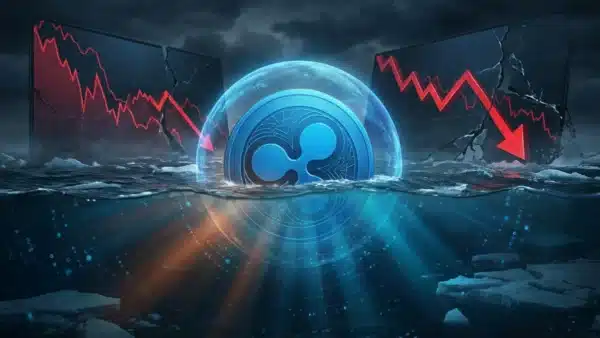 Photographie cinématique d'une pièce XRP sombrant dans un océan numérique, symbolisant les lourdes pertes sur le marché crypto.