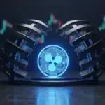 Photographie cinématique d'un jeton XRP coincé dans un piège mécanique, symbolisant la menace sur le marché crypto.