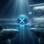 Photographie cinématique d'une pièce XRP flottant au-dessus de requins mécaniques, symbolisant le piège du marché crypto et de Ripple.