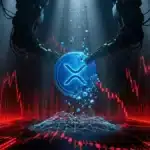 Photographie cinématique d'une pièce XRP se fissurant en tombant dans un abîme financier, symbolisant la chute de la crypto.