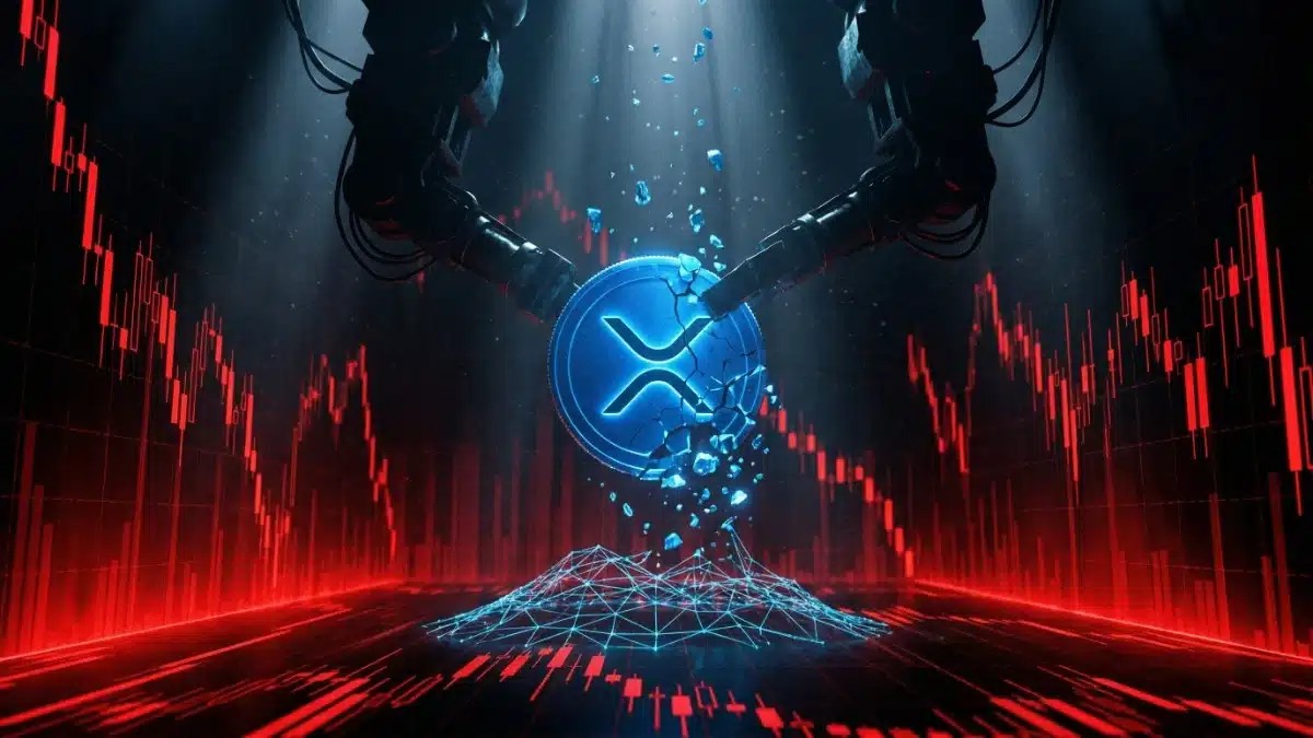 Photographie cinématique d'une pièce XRP se fissurant en tombant dans un abîme financier, symbolisant la chute de la crypto.