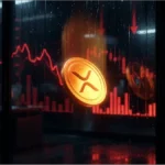 Graphique de trading rouge montrant la chute brutale du cours XRP avec une pièce en mouvement descendant