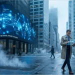 Illustration d'un réseau de paiement global XRP avec des traders dans une ville futuriste