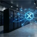 Hologramme du logo XRP dans un centre de données représentant le réseau de paiement Ripple