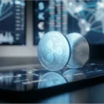 Pièce physique XRP de Ripple sur une tablette numérique affichant des graphiques financiers