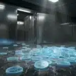 Pièces numériques XRP lumineuses au sol devant un coffre-fort blindé avec le logo Ripple