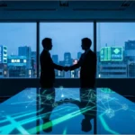 Deux hommes d'affaires se serrant la main à Tokyo avec un réseau blockchain numérique symbolisant l'arrivée de a16z