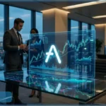 Deux analystes financiers dans un bureau à Londres examinant des graphiques de la crypto Aave sur un écran holographique, symbolisant l'obtention de la licence FCA par Aave au Royaume-Uni.