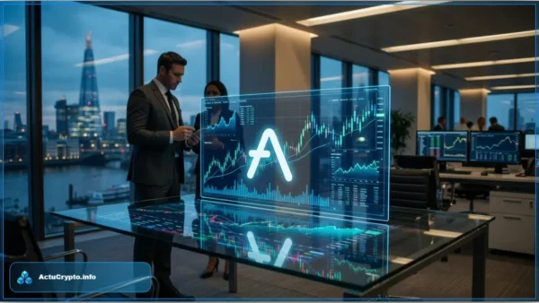 Deux analystes financiers dans un bureau à Londres examinant des graphiques de la crypto Aave sur un écran holographique, symbolisant l'obtention de la licence FCA par Aave au Royaume-Uni.