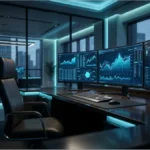 Bureau de trading moderne avec écrans affichant des graphiques financiers et des données sur le XRP