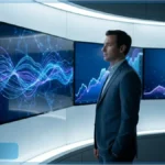 Analyste devant des écrans de trading affichant des graphiques de l'altcoin NEAR et des ondes de données IA