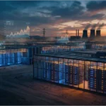 Centre de données massif pour le minage de American Bitcoin avec graphiques financiers en surimpression