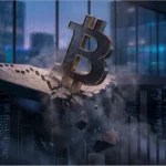 Un trader observe la chute du cours Bitcoin sur des écrans de trading affichant des graphiques rouges