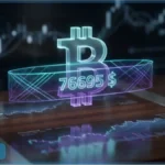 Représentation holographique du cours Bitcoin à 76 695 dollars avec graphiques de trading en arrière-plan