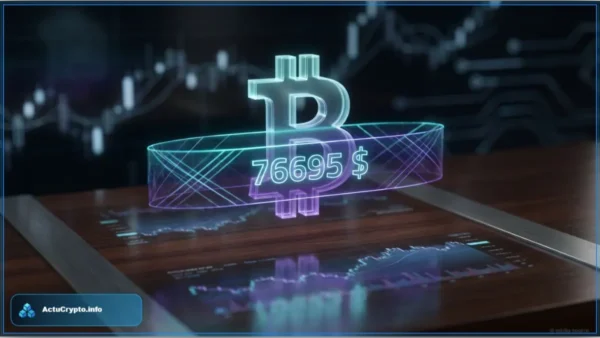 Représentation holographique du cours Bitcoin à 76 695 dollars avec graphiques de trading en arrière-plan