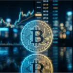 Pièce Bitcoin lumineuse devant un graphique de trading et une ville nocturne