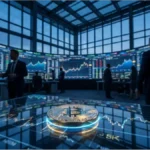 Pièce de Bitcoin sur un bureau en verre avec graphiques financiers et écrans de trading en arrière-plan